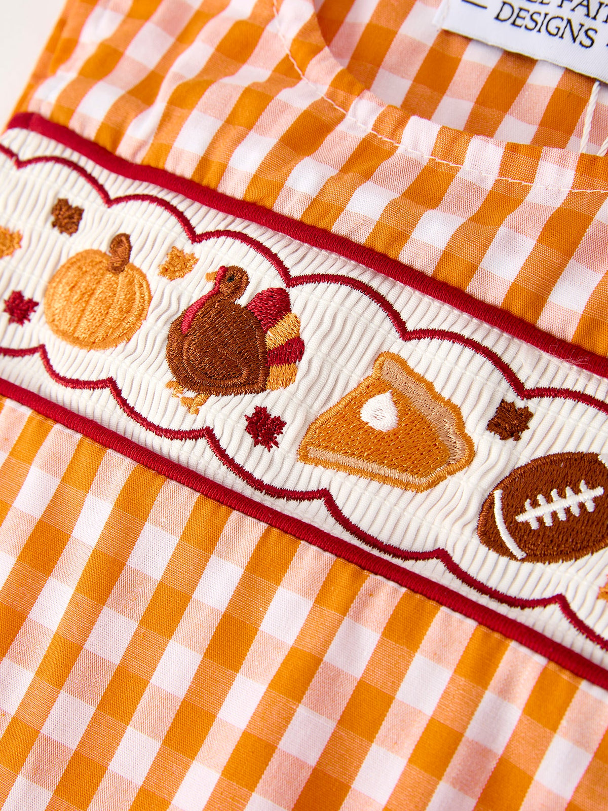 Fall Turkey Embroidered Romper for Baby Boys – Orange Checkered with Thanksgiving Details