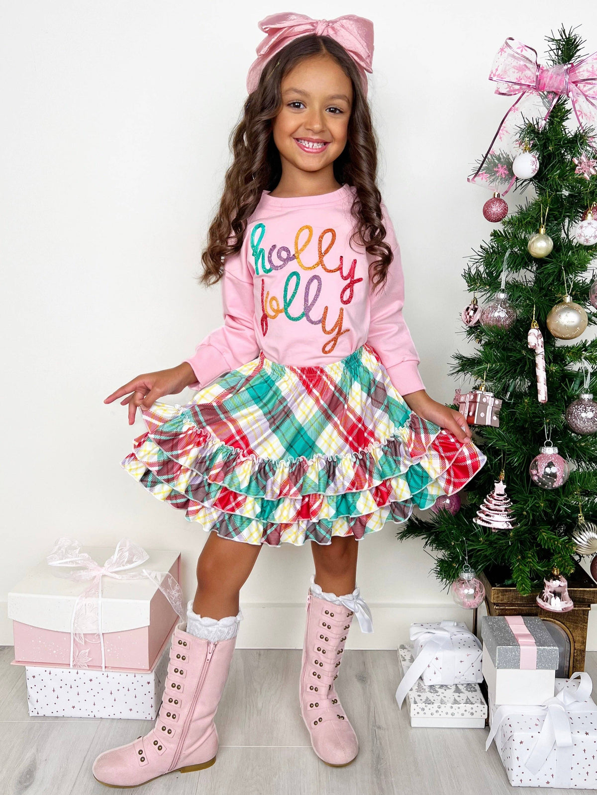 Holly Jolly Pink Top and Christmas Plaid Ruffle Skirt Set