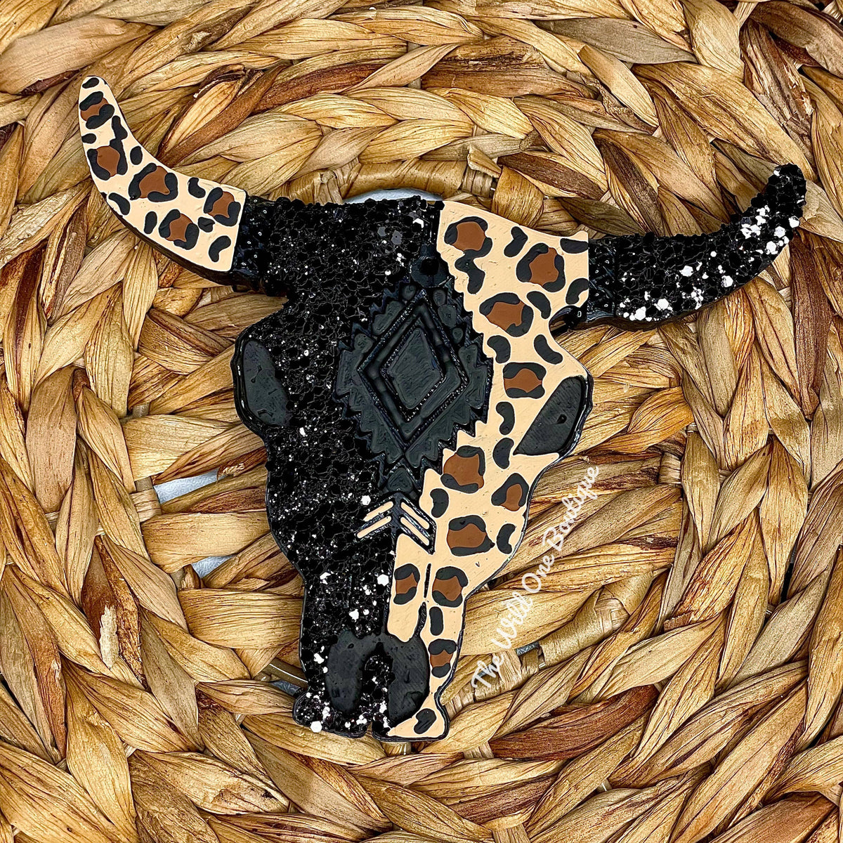 Black Cheetah Print Bull Skull Car Freshie
