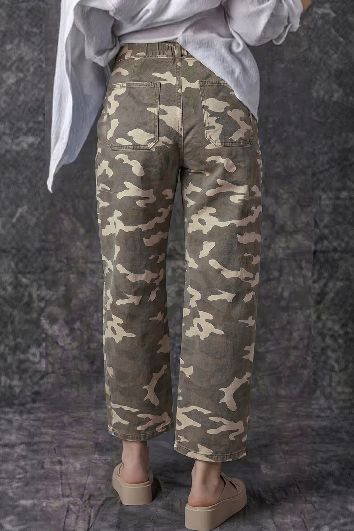 Khaki Leopard Printed Drawstring Elastic Waistband Pocketed Barrel Jeans