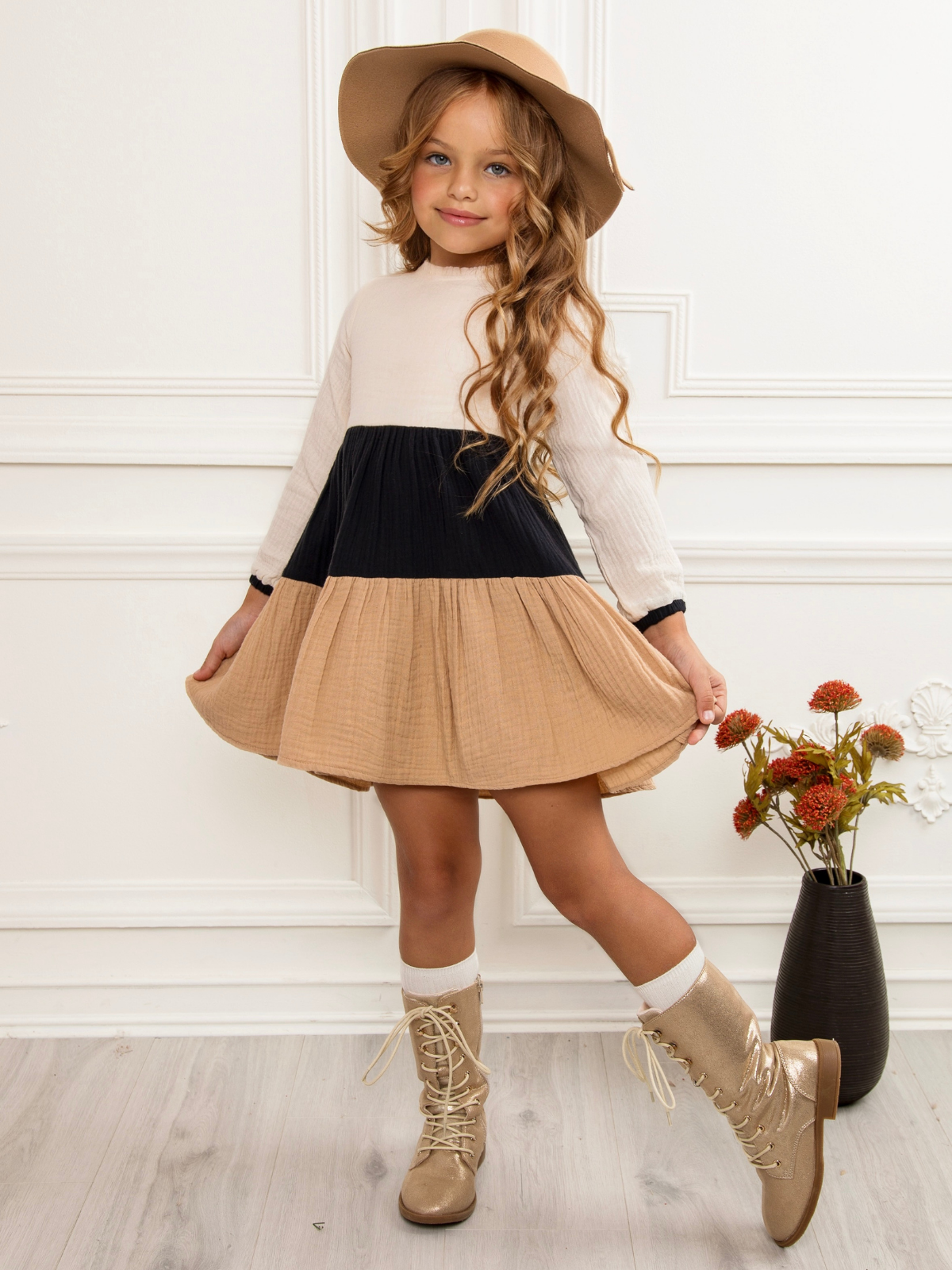 Neutral Colorblock Long Sleeve Tiered Dress