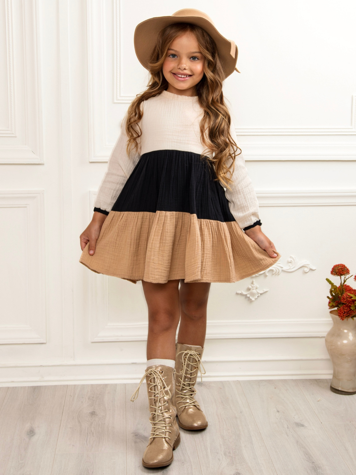 Neutral Colorblock Long Sleeve Tiered Dress