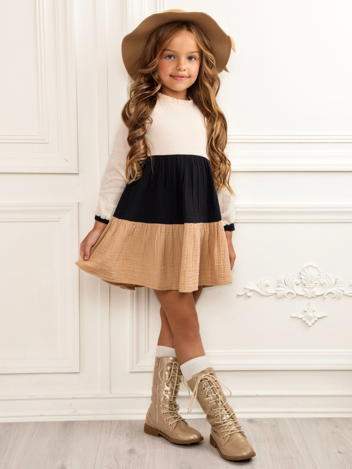 Neutral Colorblock Long Sleeve Tiered Dress