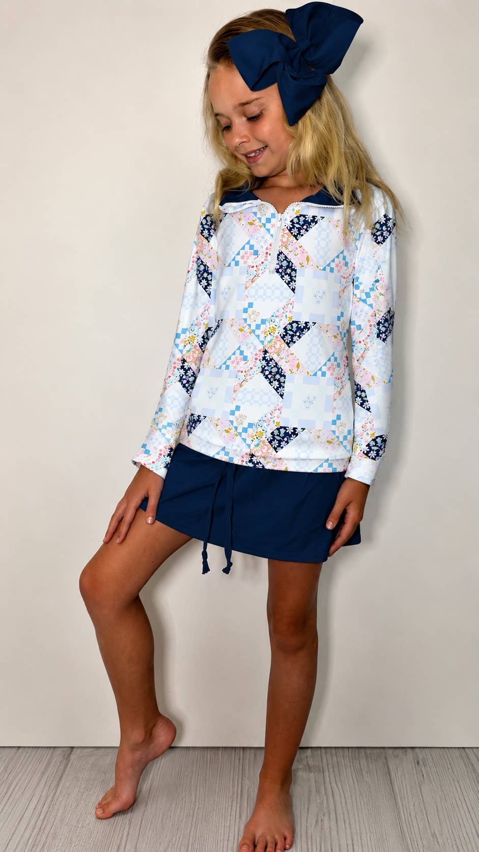 Blue Quilted Girls Quarter Zip Skort Set