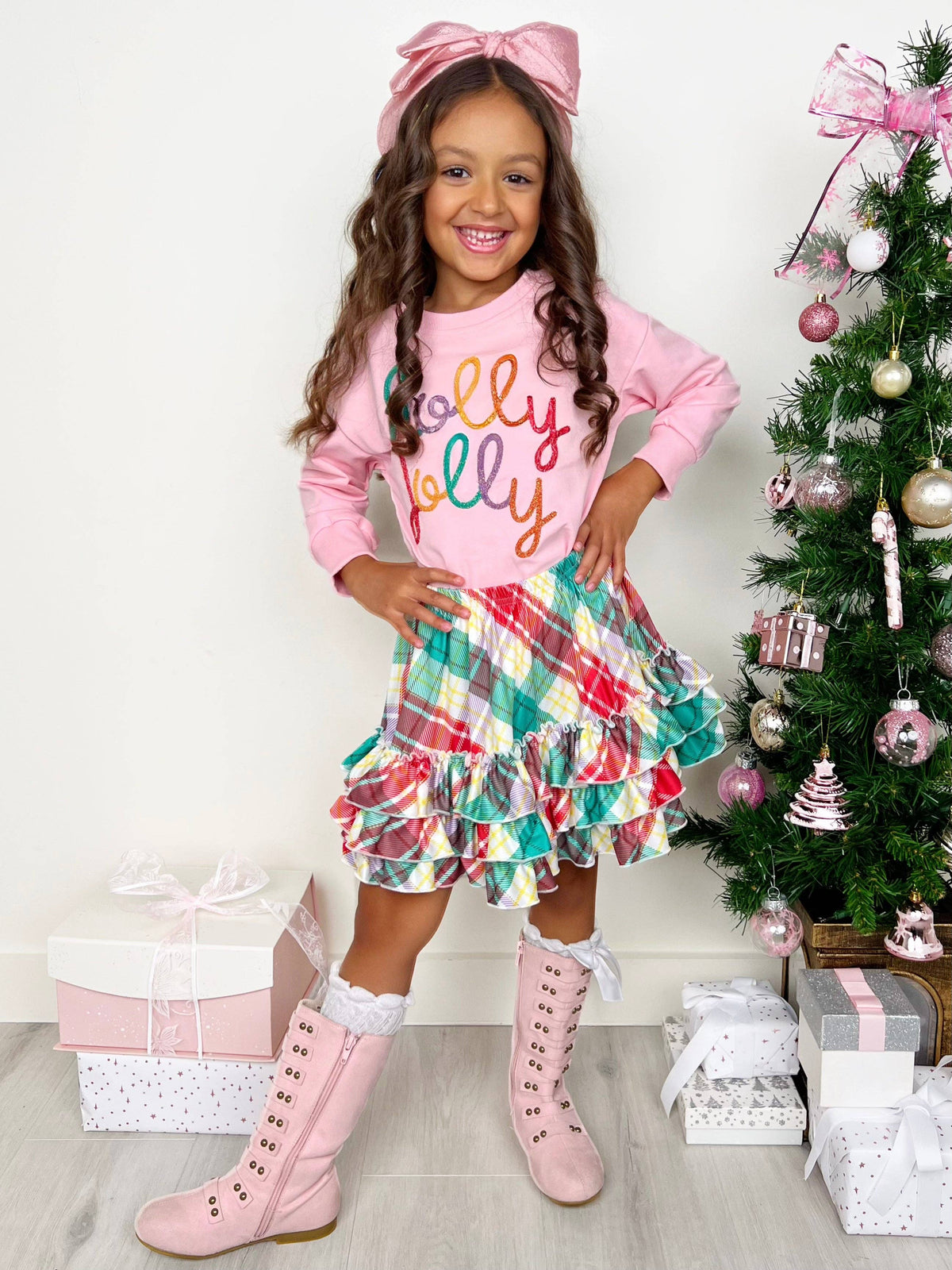 Holly Jolly Pink Top and Christmas Plaid Ruffle Skirt Set