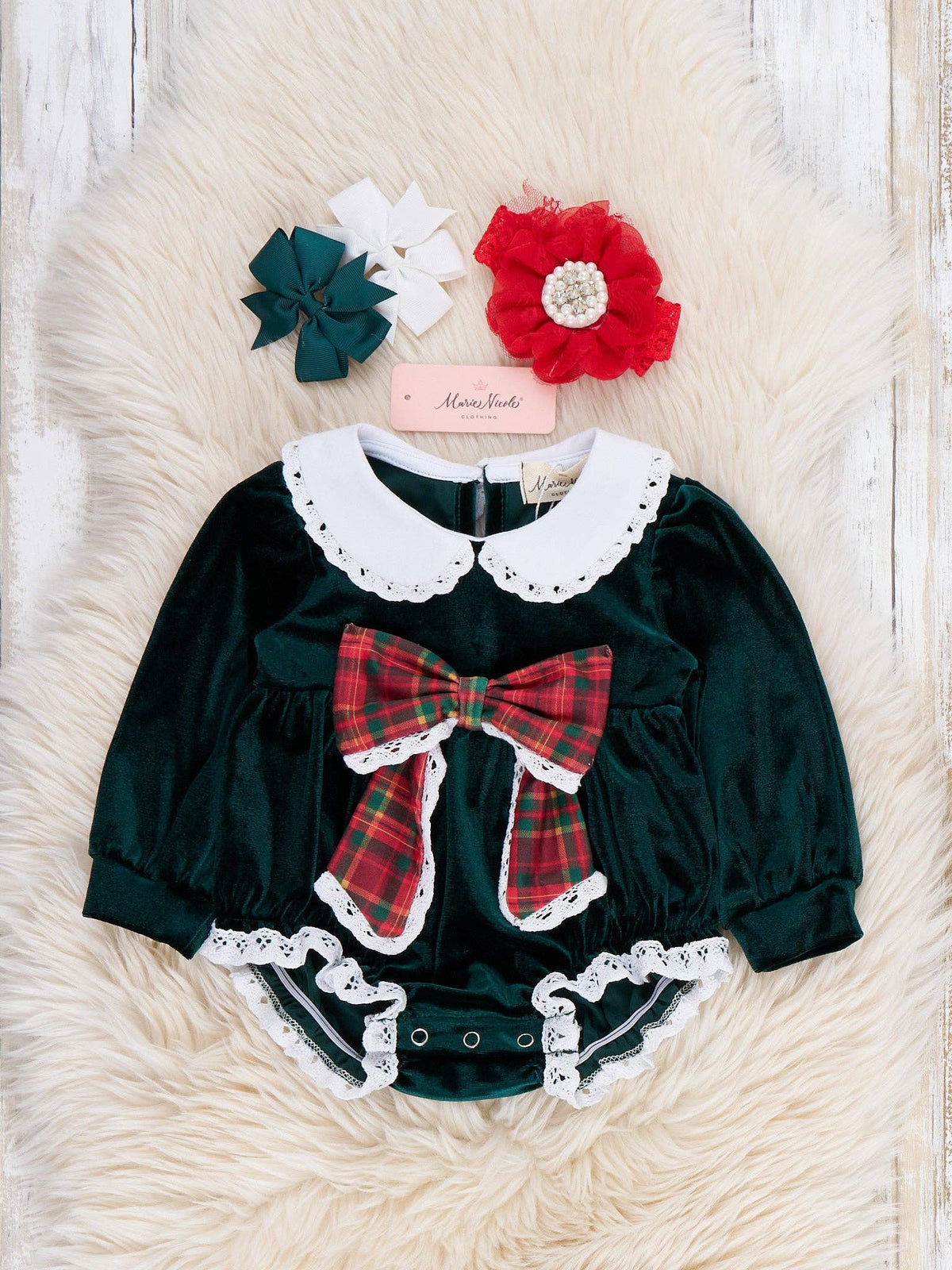 Velvet Plaid Bow Lace Bubble Romper