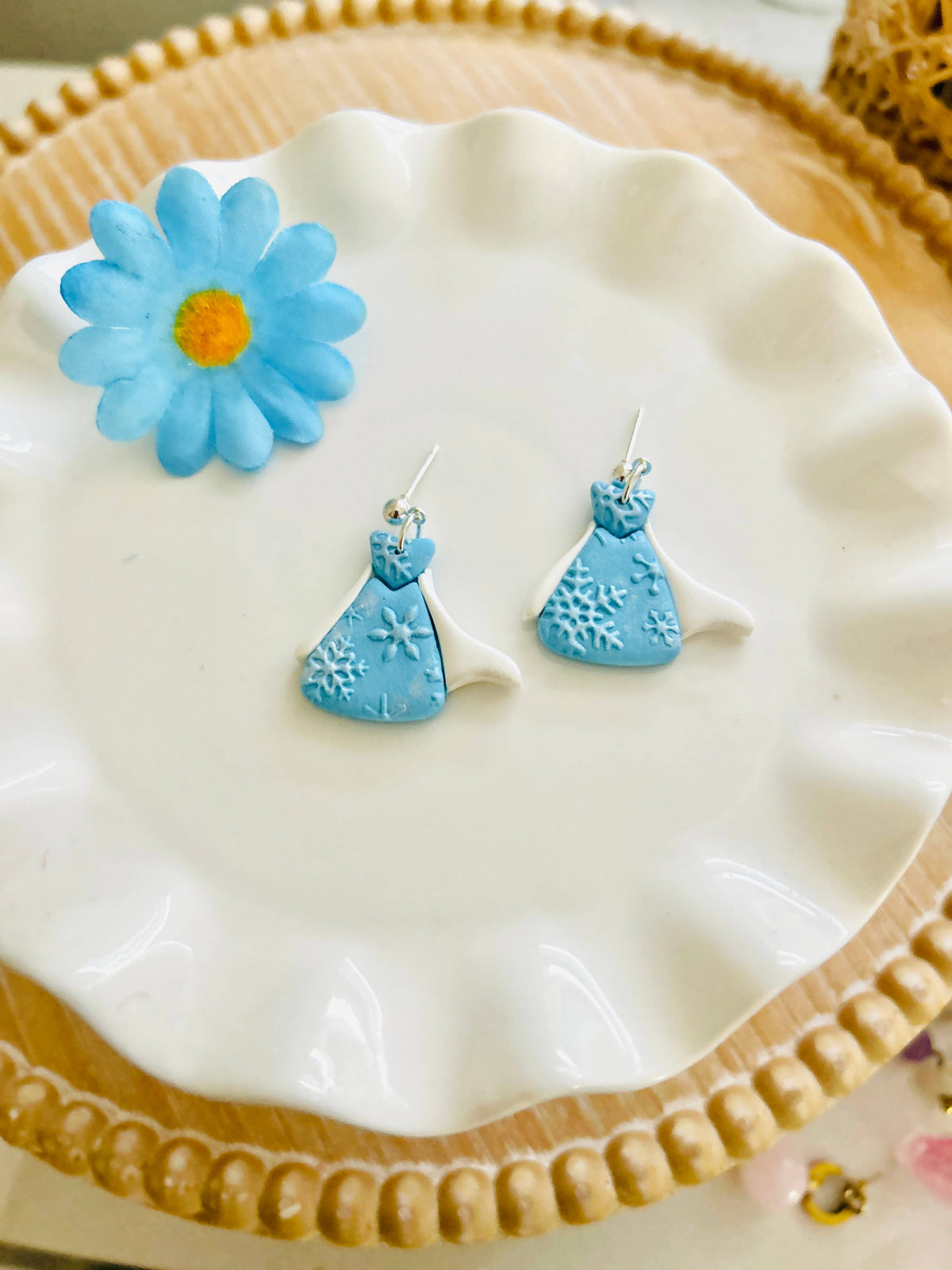Frozen Princess Dress Clay Earrings Fairytale Magical Dangle