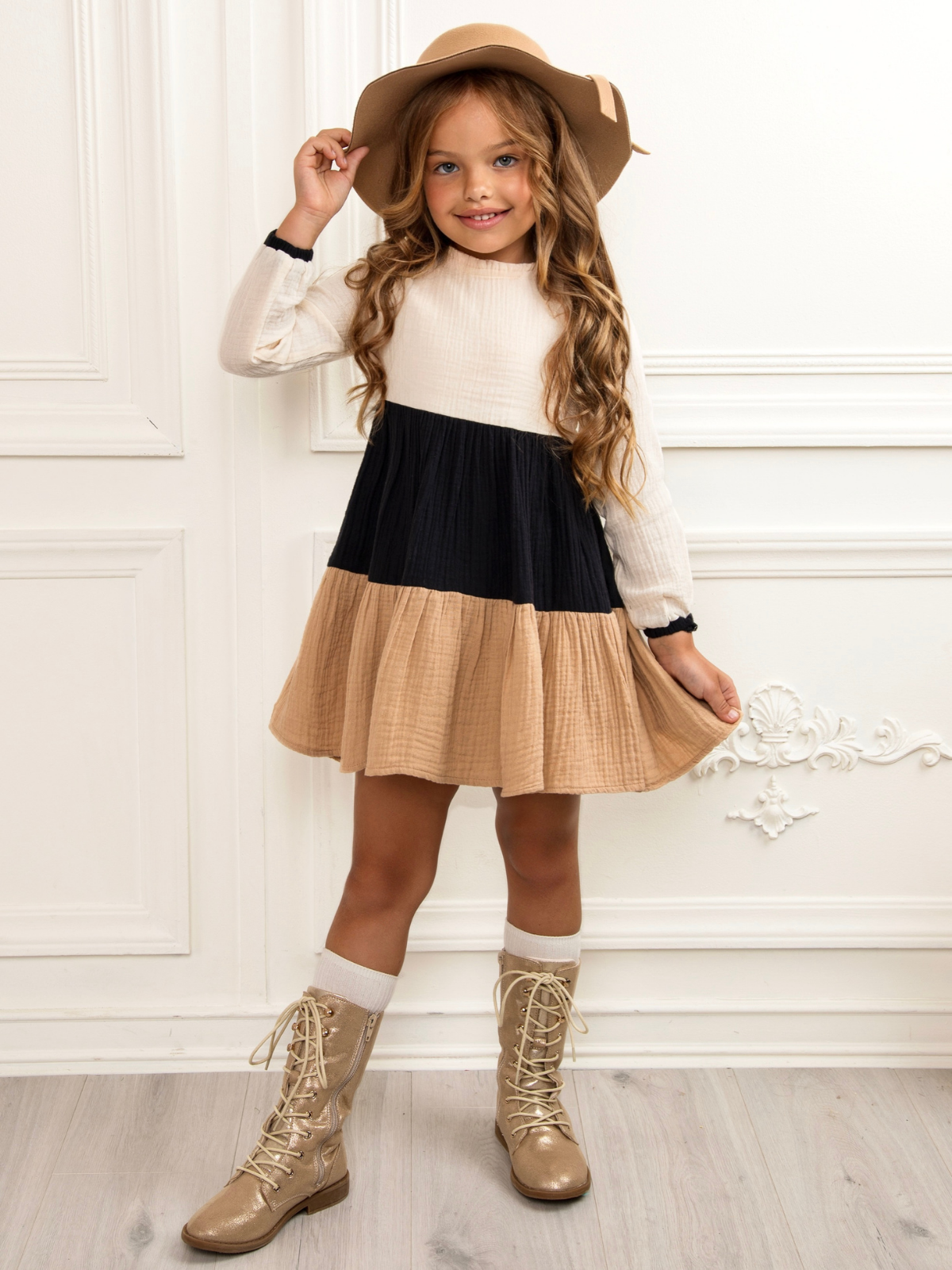 Neutral Colorblock Long Sleeve Tiered Dress