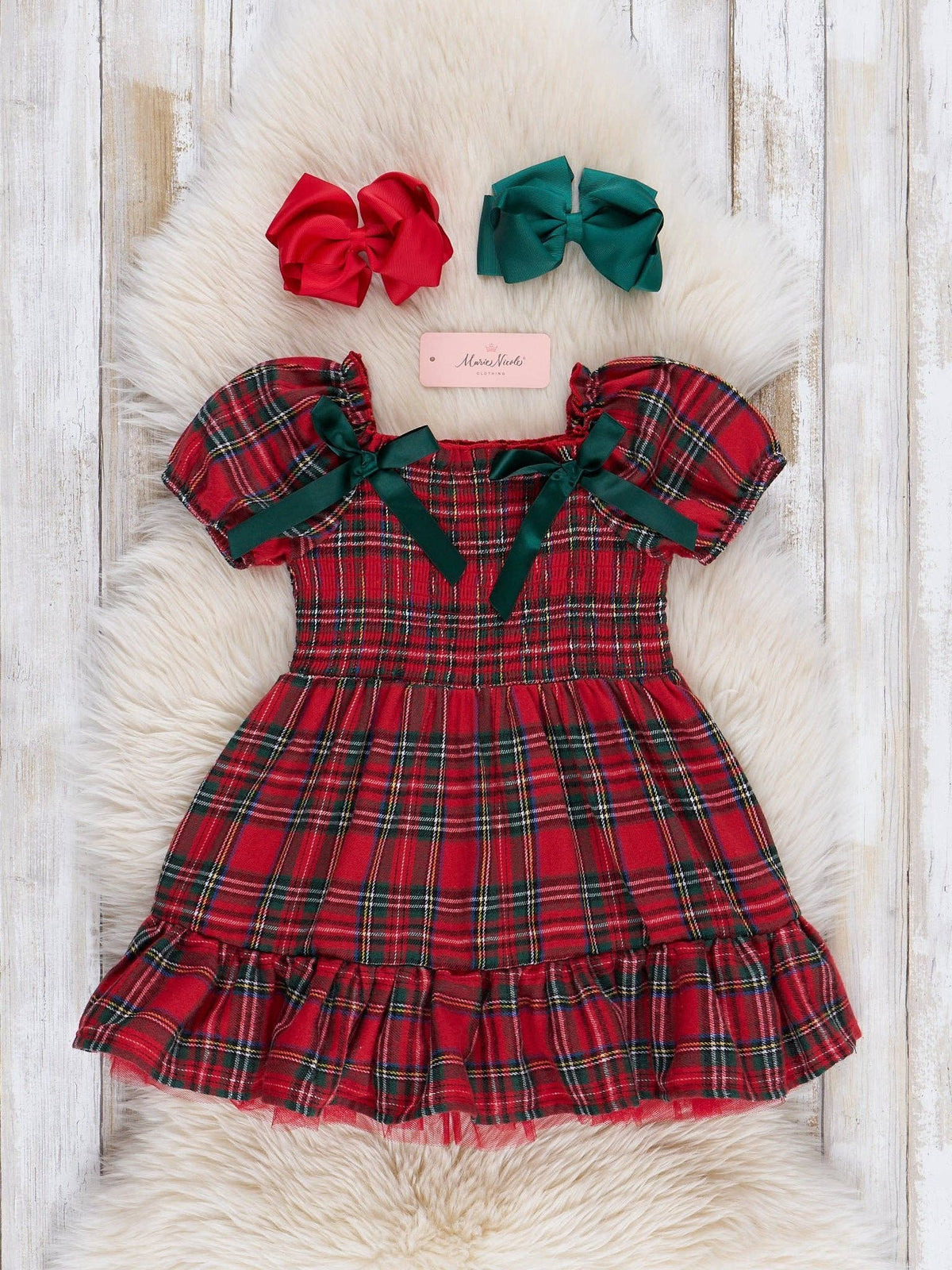 Red & Green Smocked Christmas Tartan Ruffle Dress