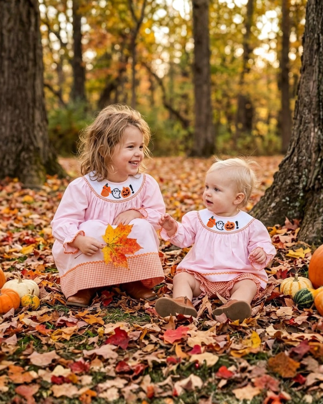 Pink and Orange Gingham Boo Smocked Dress and Bloomer Set